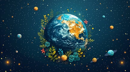 Earth with energyefficient technology and water conservation symbols minimalistic flat green background art space for text