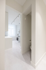 Scandinavian Style Cozy Modern Open Bright Minimalism Kitchen Home Interior. Gas Oven, Faucet, and Furniture in Background. White Cabinets, LED Lights, Windows. No Door WC Space