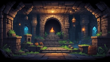 Game assets background RPG Gaming Battle Scene Underground Dungeon in Pixel 8bits 16bits 32 bits