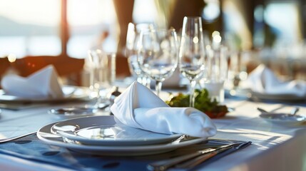 Fototapeta premium A Close-Up of a White Napkin on a Plate with a Blurry Background, restaurant, tableware, dining, elegant