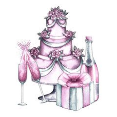 A festive pink cake with champagne and a gift. Handmade watercolor illustration. Isolate it. Wedding, birthday or anniversary. For invitation and greeting cards, banners and posters, menus, posters.