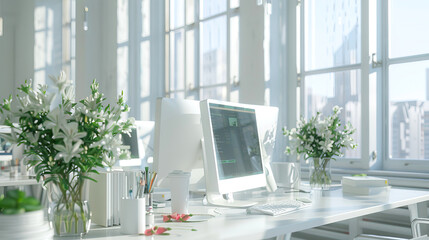 Workplace with cityscape, office in the morning or afternoon, interior for business presentation background