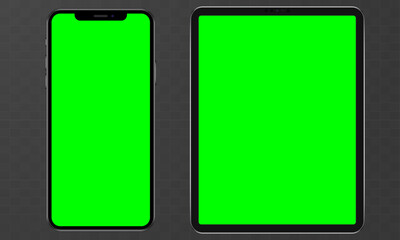 Set of tablet, phone on transparent background with green chroma key screen. Stock vector illustration.	