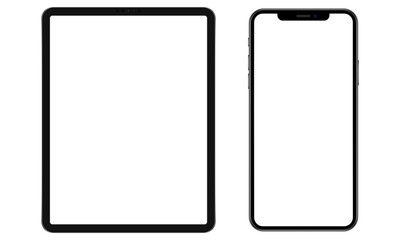 Realistic tablet, mobile phone frame only, realistic set a on transparent background with white screen and protective glass with glare. Png stock illustration.	