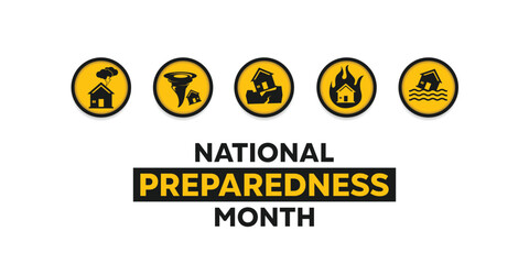 September is National Preparedness Month. Lightning, tornado, earthquake, fire, flood. Suitable for cards, banners, posters, social media and more. White background.