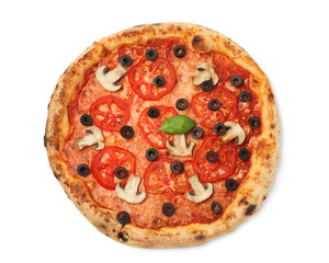 Delicious pizza with tomatoes, mushrooms, black olives and basil isolated on white, top view