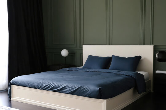 A cozy bedroom setting featuring modern dark blue bedding contrasted against green walls, with contemporary curtains, minimalistic decor, and a serene ambiance.