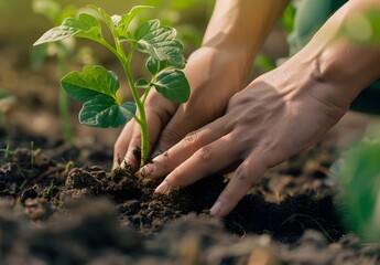 Fototapeta premium Planting trees by hand a Young Seedling in Sunlight with blur background, Green seedling growing from rich soil in nature.