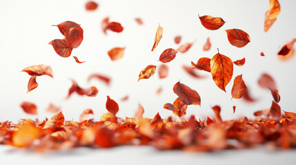 Autumn leaves falling in a gentle breeze, white background.