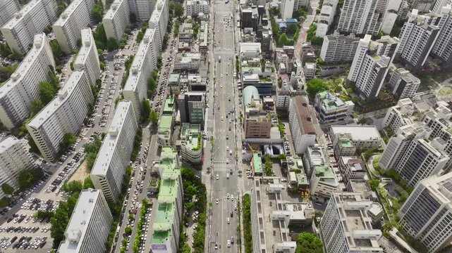 rone View of Seoul city in South Korea, gangnam financial district, Summer 60fps