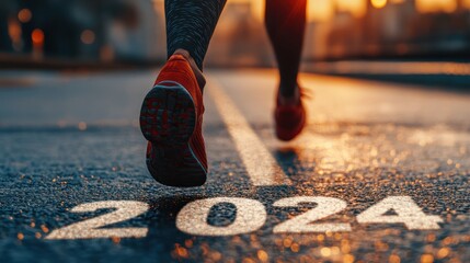 New year 2024 concept, beginning of success. Text 2024 written on asphalt road, male runner preparing for the new year