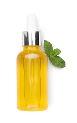 Bottle of essential oil and mint isolated on white, top view