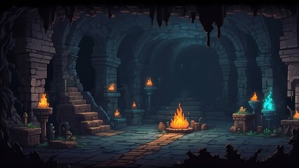 Game assets background RPG Gaming Battle Scene Underground Dungeon in Pixel 8bits 16bits 32 bits