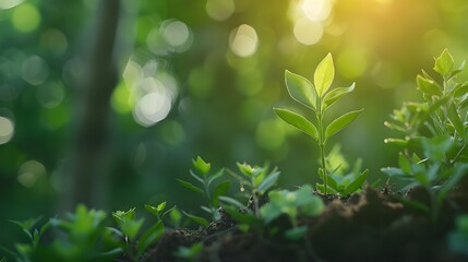 Green plant seedling in soil with blur background, Young plant sprouting in sunlight, Fresh green seedling growing from rich soil in nature