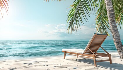 Sun lounger on the beach with palm trees and deep turquoise sea