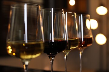 Different tasty wines in glasses against blurred lights, closeup