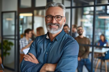 Obraz premium A man with a beard and glasses is smiling and posing for a picture. He is wearing a blue shirt and has his arms crossed. There are several other people in the background