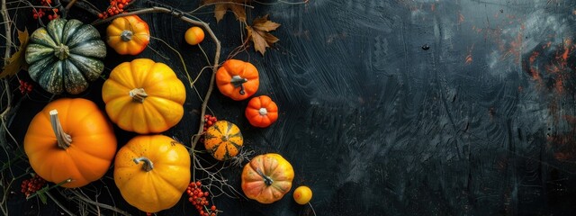 Autumn background with pumpkins, berries and leaves on dark rustic wooden background.