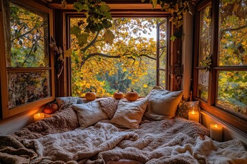 Cozy autumnal nook with candles and knitted blankets