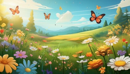 A vibrant meadow with colorful wildflowers and butterflies fluttering in the sun