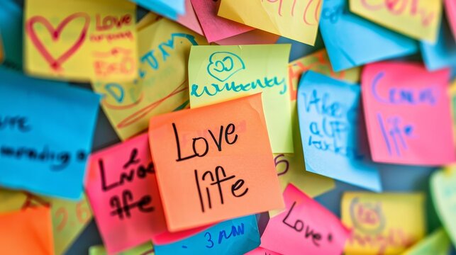 Colorful Sticky Notes with Love Life Message, Post-it note, Love note, Heart shape, Message board