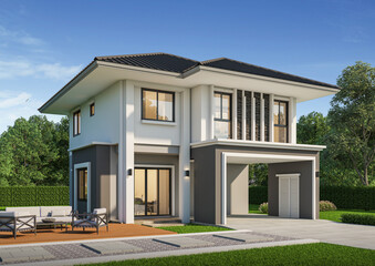 Modern house exterior day light with lawn grass.3d rendering