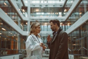 Sales representative talking to a doctor in the medical building