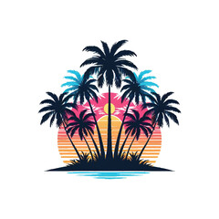 Minimalist vector illustration of a palm tree silhouette against a colorful sunset beach, Beach sunset with palm tree silhouette