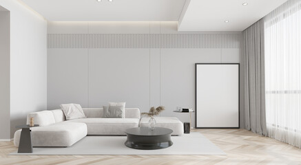 mock up poster frame in interior background, living room. 3D render, 3D illustration