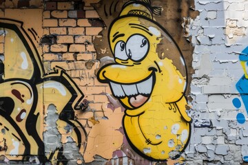 A cartoon face with a yellow hat is painted on a wall. The cartoon face is smiling and has a tongue sticking out. The wall is covered in graffiti, giving the scene a somewhat urban and edgy vibe
