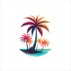Minimalist vector illustration of a palm tree silhouette against a colorful sunset beach, Beach sunset with palm tree silhouette