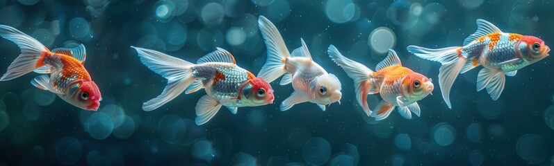 Goldfishs swimming in a tank with water droplets, Banner, Animal background, Copy space