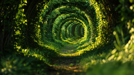 A magical tunnel formed by green trees. 