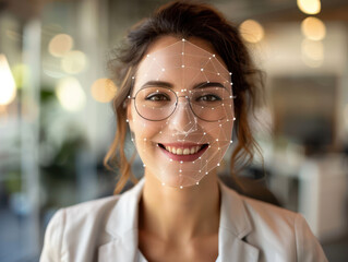 A woman is smiling and wearing glasses. She is wearing a white jacket and a white shirt. The image is of a woman's face, and it is a close up of her face