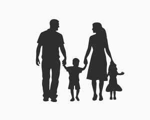 Family silhouette vector. Couple with children holding hands, black flat design illustration.