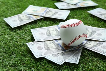 Baseball ball and dollar banknotes on green grass outdoors