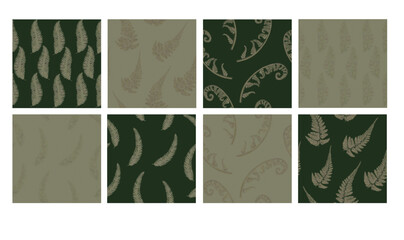 Set of seamless plant patterns with fern and leaves on a green background.