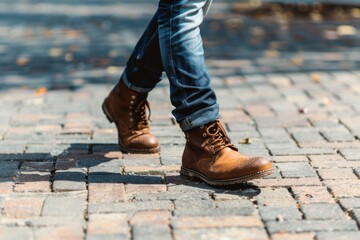 A man wearing brown boots and blue jeans walks on a brick sidewalk. Concept of casualness and comfort, as the man is dressed for a relaxed day out