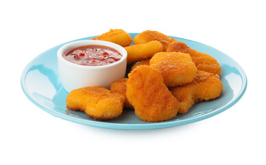 Tasty chicken nuggets with chili sauce isolated on white