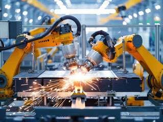 Industrial robots welding metal parts in a modern factory. Sparks fly from the welding process.