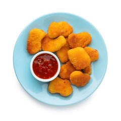 Tasty chicken nuggets with chili sauce isolated on white, top view
