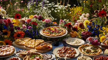 Fototapeta premium A festive picnic table overflowing with home-cooked meals in a picturesque countryside meadow. 