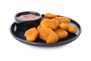 Tasty chicken nuggets with chili sauce isolated on white