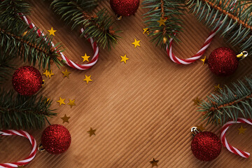 Abstract Christmas and New Year's background with Christmas tree and red Christmas balls.