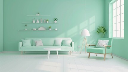Mint Green Living Room with White Accents and Wooden Furniture, living room decor , interior design , home decor , minimalist style