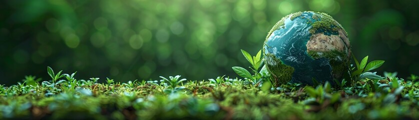 Earth with renewable energy and water conservation symbols minimal icon flat green background style space for Ad