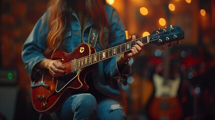 Obraz premium A Musician Playing a Classic Guitar in a Cozy Studio With Warm Lighting