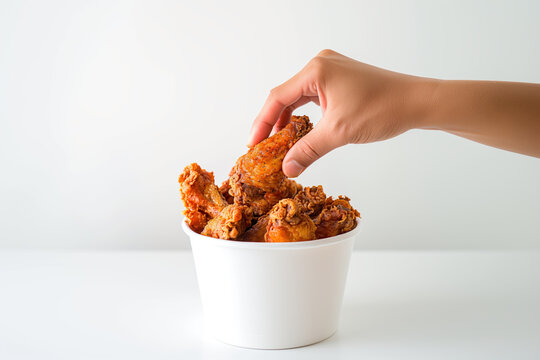 A hand picking up a crispy fried chicken wing from a white bucket on a minimalist white background