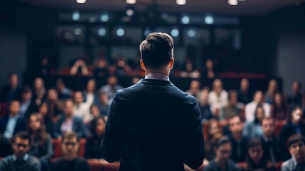 Speaker Addresses Audience from Behind, Back View, Man in Suit, Dark Background, Audience, Presentation, Public Speaking