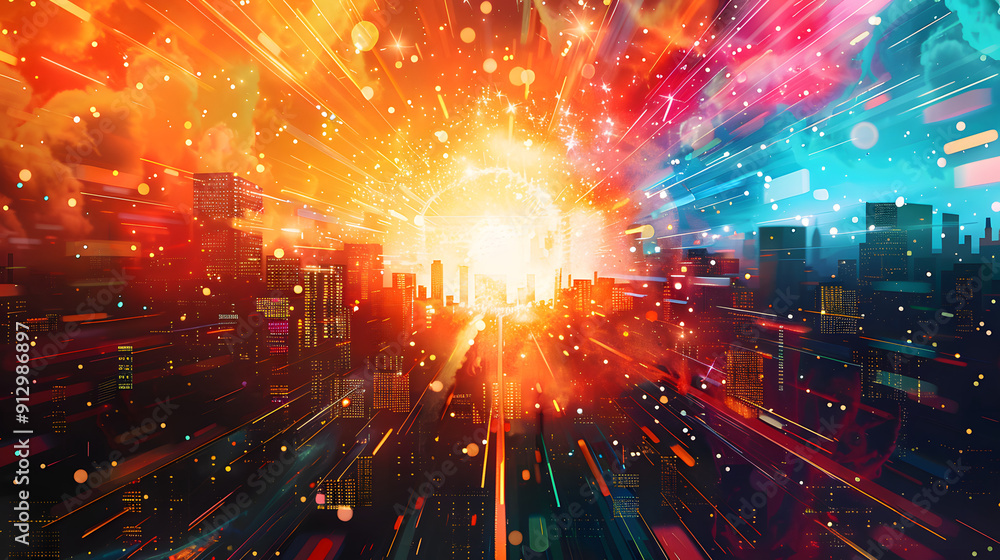 Poster a firework exploding into a myriad of bright colors. bursts of innovative inspiration. illuminating 